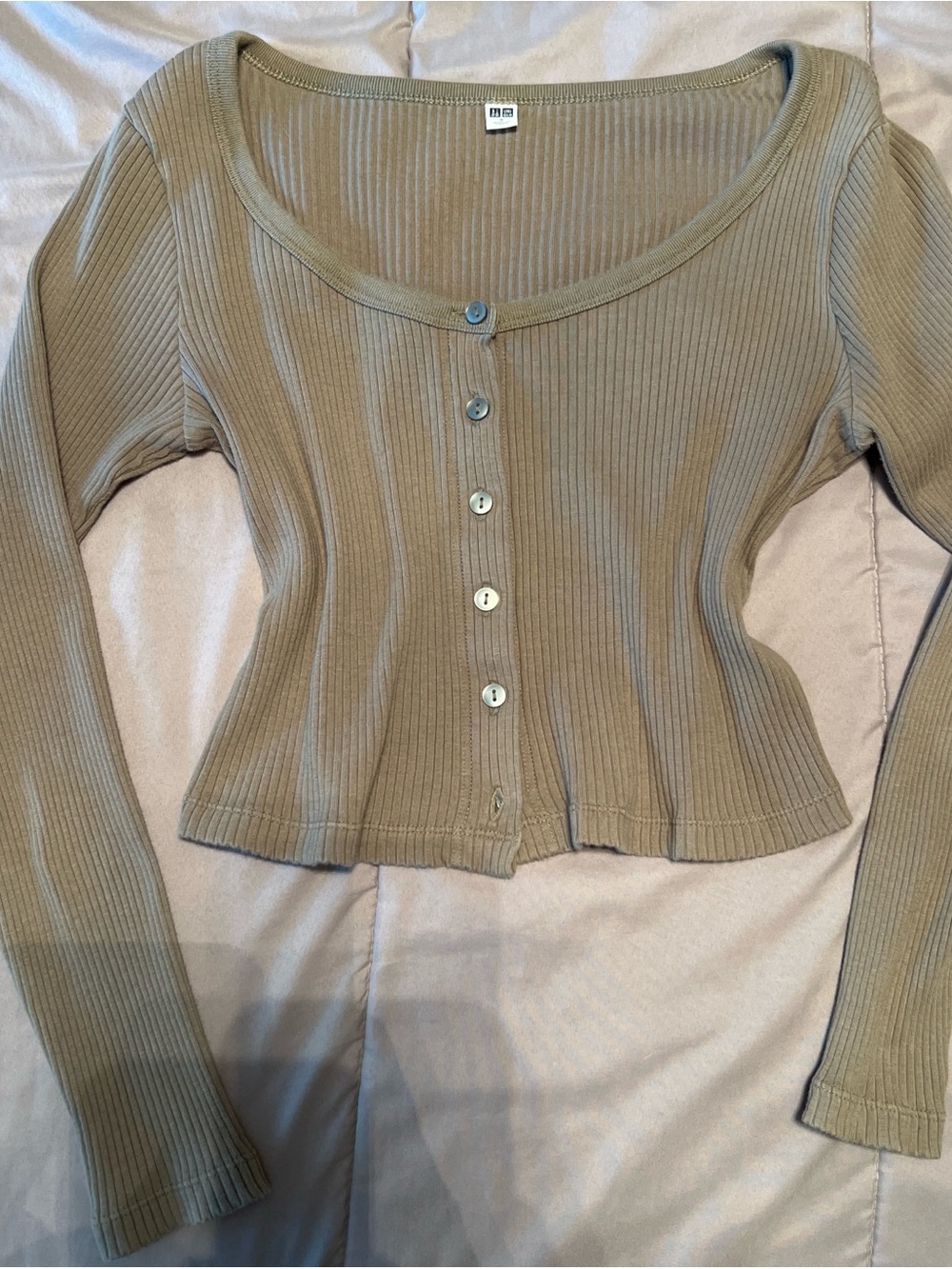 Ribbed Button-Front Long Sleeve Top - Olive